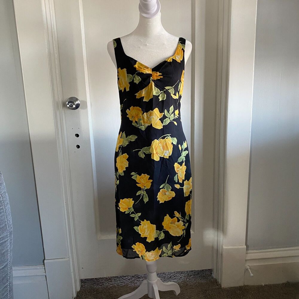 VTG Amorose Sweetheart Yellow Floral Black Dress Sz 6 Garden Party Hostess